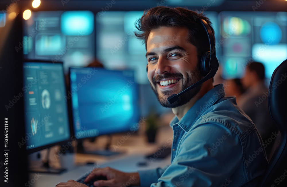 Aufkleber Close-up portrait of joyful technical customer support specialist talking on headset working on computer in call center control room with display screens. Happy smiling operator, positive support