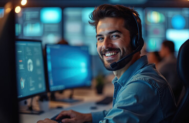 Close-up portrait of joyful technical customer support specialist talking on headset working on computer in call center control room with display screens. Happy smiling operator, positive support