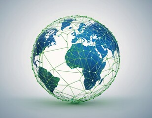 Stylized digital globe logo, featuring interconnected lines and dots to symbolize global connectivity and advanced technology, in cybernetic blue and digital green colors, white background