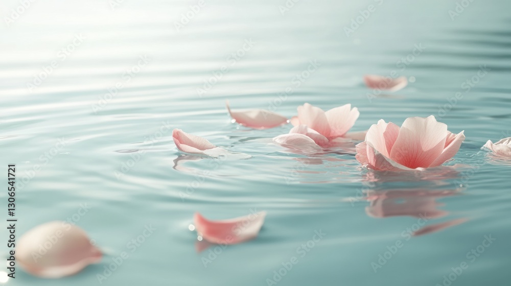 Poster soft pastel petals drifting on calm water under a serene sky in a peaceful natural setting generativ
