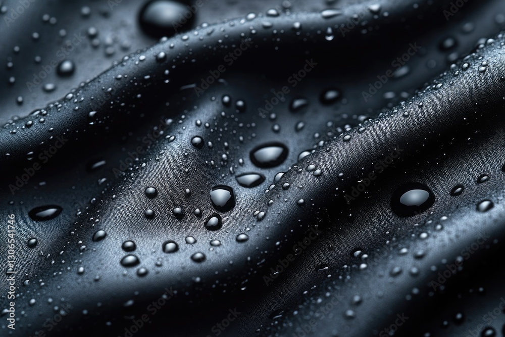 Poster close-up shot of water droplets on black cloth, suitable for use in science or technology projects