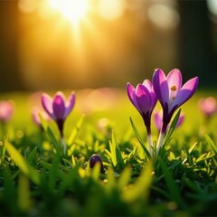 Golden sunlight bathes vibrant green grass and purple crocuses , purple, day