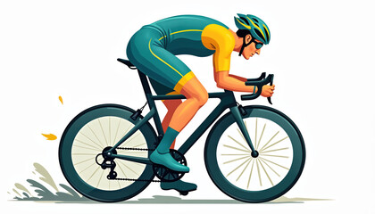 Fototapeta premium Illustration of cyclist on road bike. Man in helmet and sunglasses rides bicycle fast. Road bike racing sport event, healthy lifestyle, exercise. Athlete silhouette in action. Isolated design.