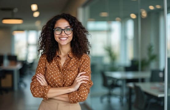 Successful hispanic businesswoman portrait. Young female worker in office with arms crossed smiles looking at camera. She wears glasses, brown dotted blouse. Leader, expert, consultant concept.