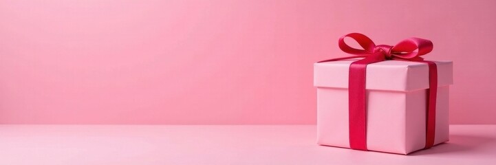 Obraz premium Pink background, gift box with ribbon, ample copy space , celebration, bow