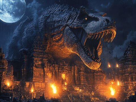 Tyrannosaurus Rex Attacks Ancient Temple at Night Under Full Moon - Powered by Adobe