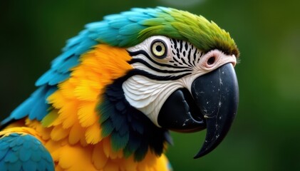 Close up of macaw head, showing intricate feathers, focus, texture