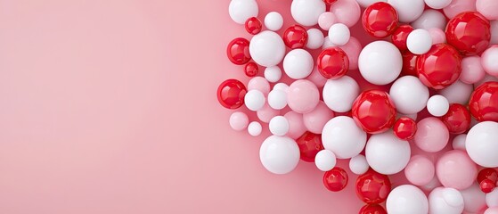 A vibrant arrangement of red, white, and pink spheres on a soft pink background, creating a playful and modern visual.