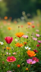 Sun-drenched flower meadow, diverse blooms in full array , summer, wildflowers, natural light