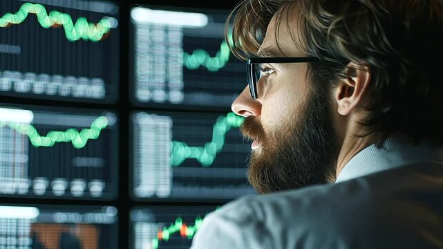Cryptocurrency Trader Analyzing Price Charts on Multiple Screens