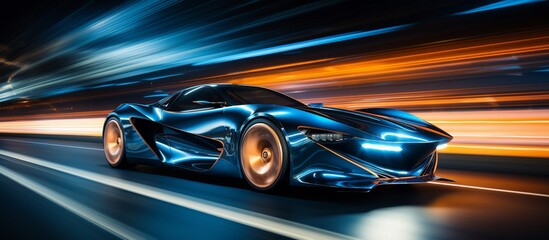 Futuristic blue sports car speeding on a highway at night with vibrant light trails