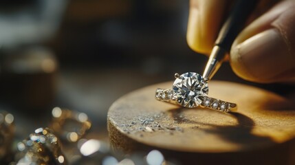 A jeweler workshop with a diamond being set into a ring, showcasing craftsmanship
