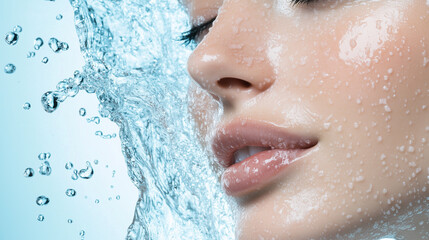 Close-up of a woman's face with water droplets for beauty effect