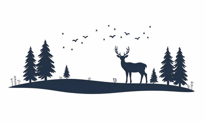 Majestic Deer Silhouette in Serene Nature Landscape with Trees