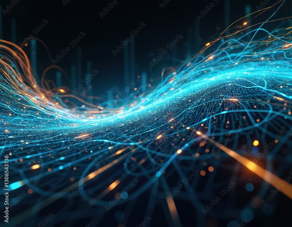 Aufkleber tech background glowing blue, orange lines, dots forming dynamic wave. abstract design evokes digita
