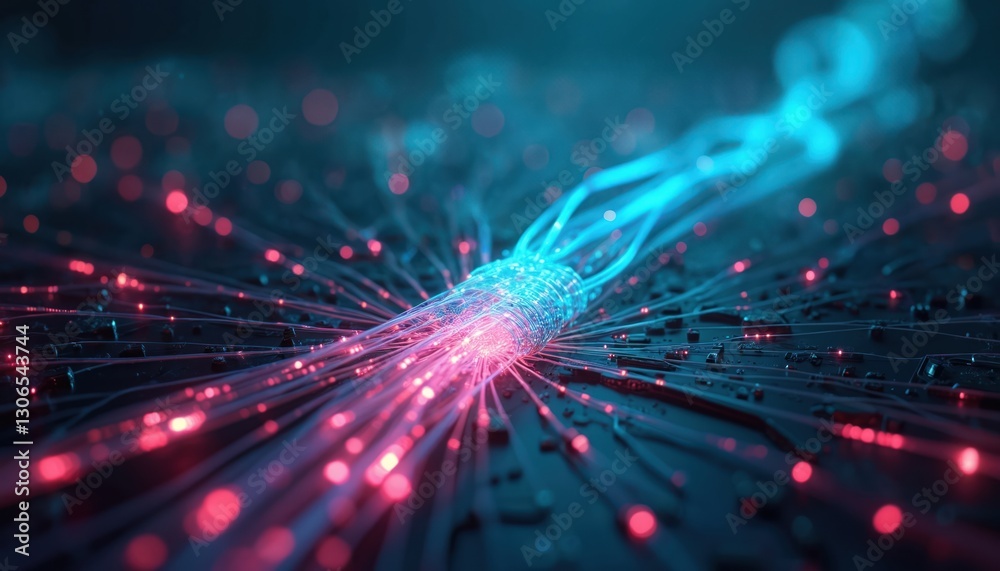 Fototapete Fiber optic cables transmit data at high speed, using light signals. Network connection tech abstract background for cyberspace communication, modern web development. Innovation in virtual global