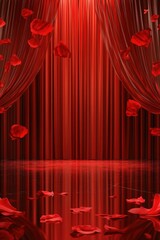 Red Curtain Stage with Falling Petals: A Romantic Theatrical Scene