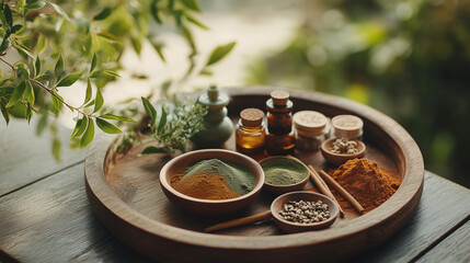 Natural spices and herbs arranged on a wooden tray