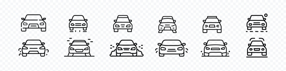 Obraz premium Rally Car Front View Line Icon with Dust on Road, car icon font view, sports car icon