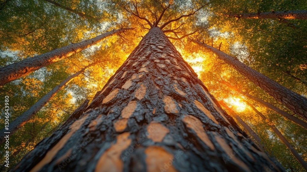 Poster a tall tree stands alone with the sun shining through its branches, ideal for use in landscape or na