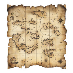 Torn and haunted pirate?s treasure map with burned edges, isolated on transparent background.