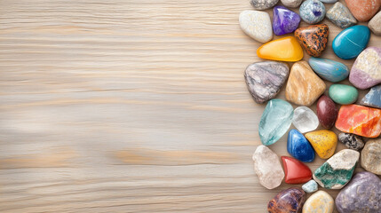 Naklejka premium Colorful assortment of polished gemstones on wooden background
