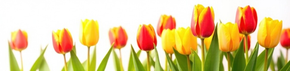 Fototapeta premium Vibrant tulips, sunny yellow & red, pristine white backdrop, spring flowers, blossom, white background