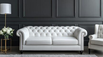 Obraz premium White tufted sofa in a modern, elegant room with dark gray walls and molding.