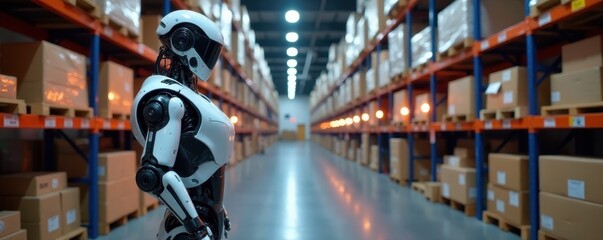 Obraz premium Autonomous robots; package organization in futuristic warehouse , warehouse, precise, shipping