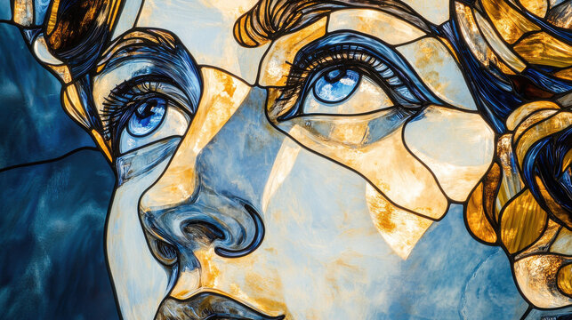 An awe-inspiring stained glass artwork portraying a revered figure, partially framed in a close-up perspective to accentuate delicate facial contours