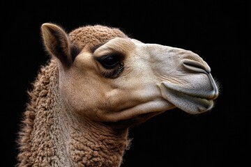Obraz premium Close-up shot of a camel's face on a dark, black background