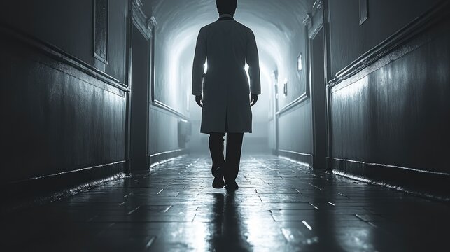 A man wearing a white lab coat walks down a hospital or office hallway, possibly with a purposeful expression