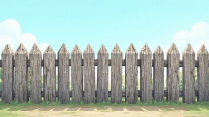 Fototapeta premium Rustic Wooden Fence Against a Bright Blue Sky with Hints of Green Pasture Beyond