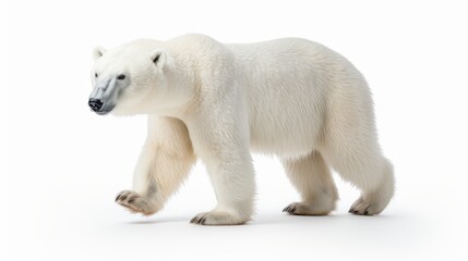 A single, detailed polar bear walking across an icy white background, highlighting its natural fur texture with professional studio lighting