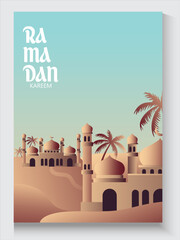 Naklejka premium Ramadan Kareem or Eid al fitr poster, holiday cover set. Islamic greeting card, banner template with copy space. Ramadan Kareem Modern design with mosque moon crescent, dune sands, mountains, arches.