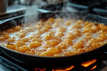 A frying pan filled with food sitting on top of a stove, ready for cooking