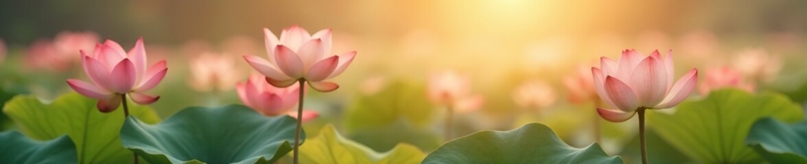 Soft peach and gold lotus flowers in a gentle morning mist, morning, soft peach, calming