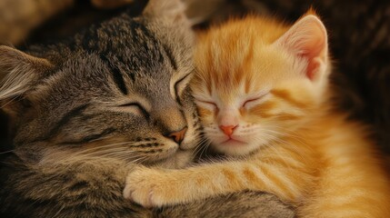 Two sleeping cats are cuddling closely together with their eyes closed