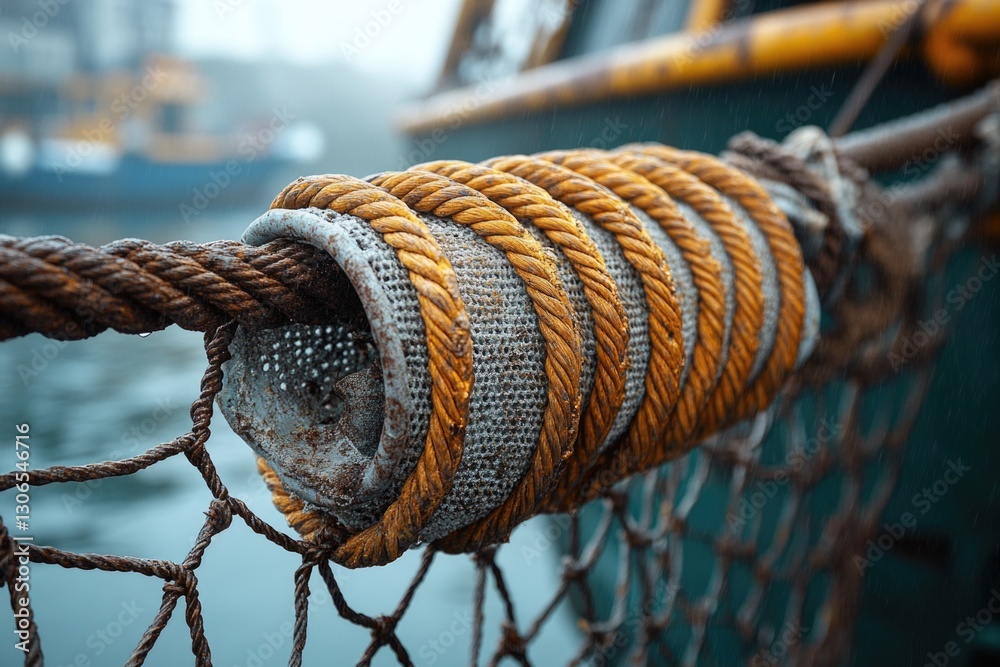 Poster a close-up shot of a rope with a boat visible in the background, suitable for use in outdoor or naut