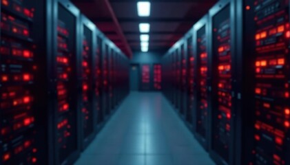 Fototapeta premium Blurred image of a server room with red warning lights flashing , hardware, critical infrastructure
