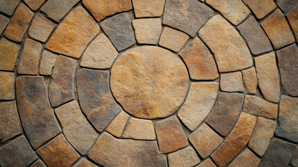 Textured background of round stones arranged in circular pattern, showcasing earthy tones and natural variations. This design adds rustic charm to any setting