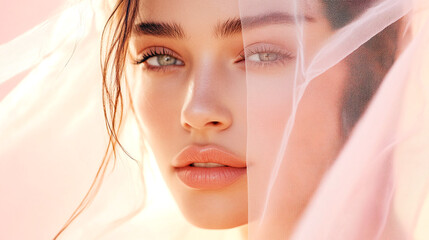 Beautiful young woman face partly behind transparent organza fabric on pastel pink glowing background. Beauty skin care make up cosmetics concept banner. Soft focus