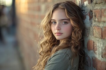 Fototapeta premium Soft sunlight illuminates young girl with curly hair against bri