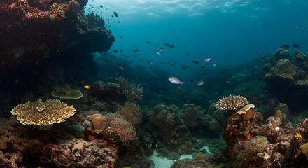 Obraz premium Underwater Coral Reef Scene: Vibrant Marine Life and Colorful Corals