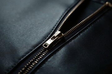 Close-up view of a metal zipper on dark leather fabric, showcasing the texture and detail of both materials