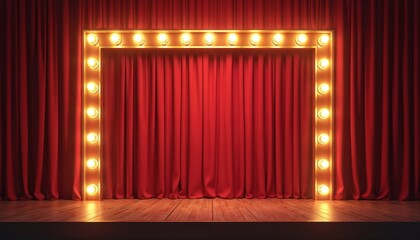 Theater stage draped red curtain framed by glowing neon lamp border. Velvet texture, elegant design ideal for entertainment shows, performances, cinema, presentations, events, product promos, art,