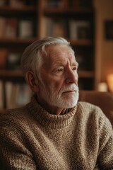 Warmly lit space showcases an elderly man in cozy sweater, deep