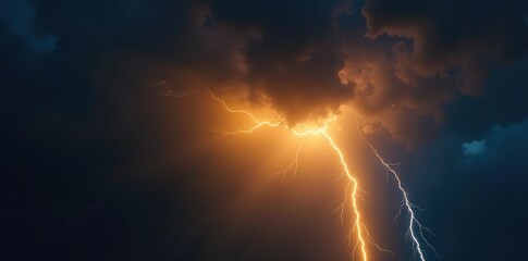 Dark stormy sky with lightning bolts illuminated in shades of yellow and white, electrified, tempest, intense