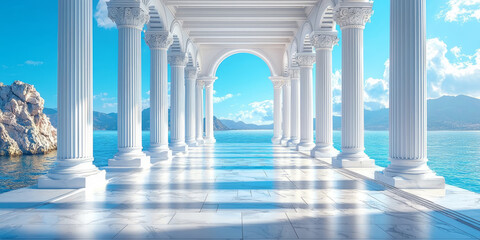 Open-air Greek-style corridor with white pillars and blue sky reflections on marble floors