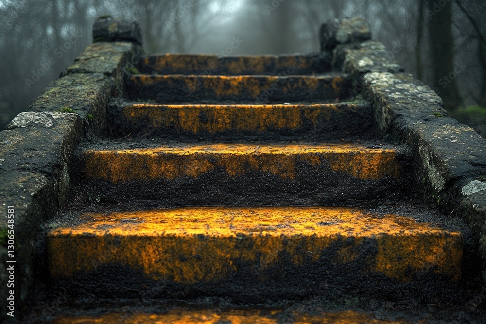 Poster a detailed view of wooden stairs surrounded by trees in a forest setting